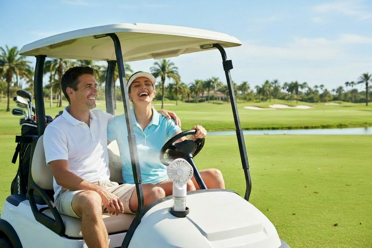 Couple in golf cart with white MistMate fan