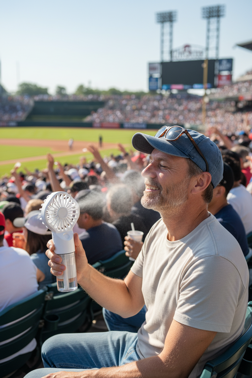 Man at baseball game with actual MistMate fan