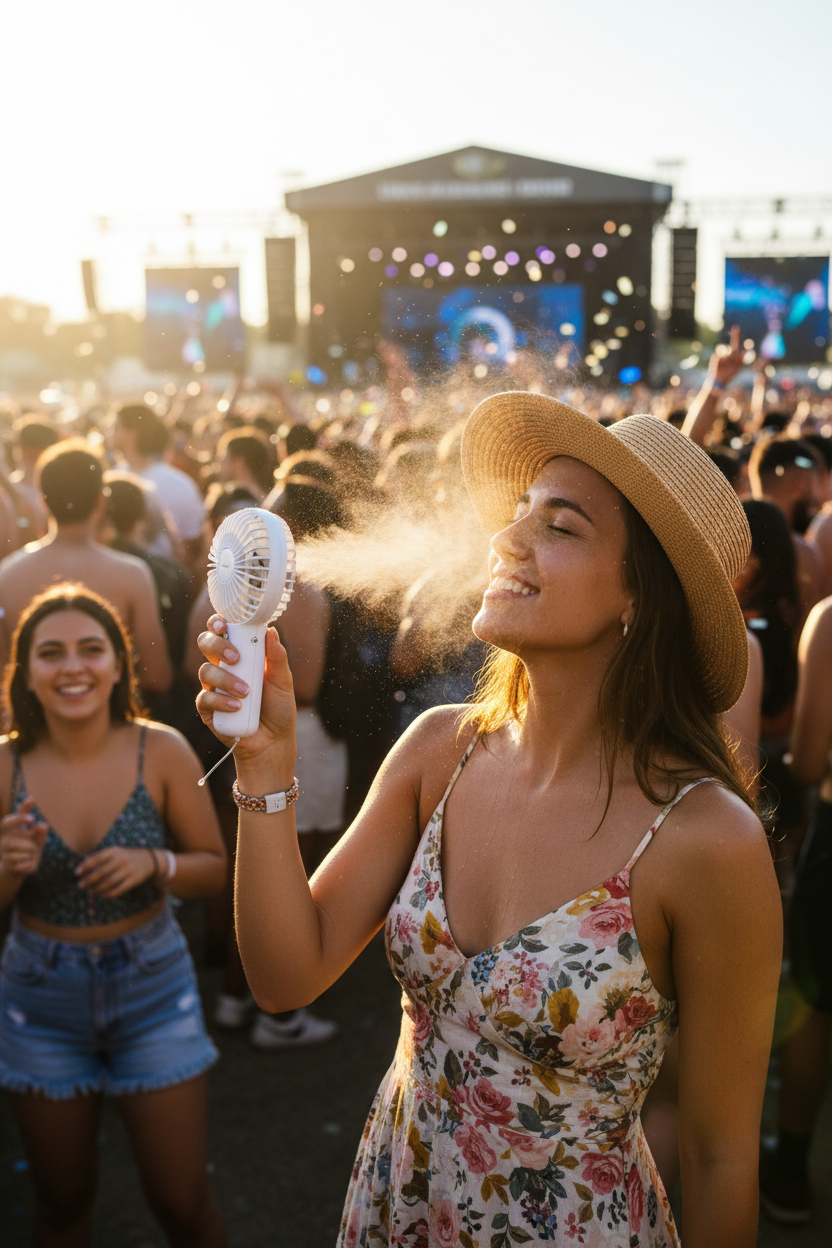Young woman at outdoor concert with MistMate fan